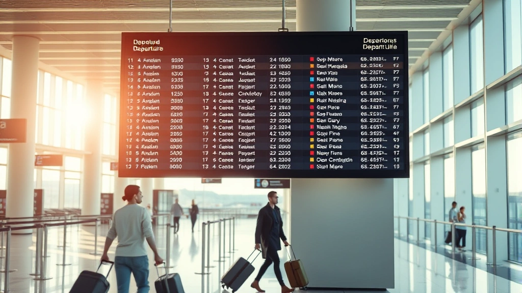 Modern airport departure board showing multiple flight destinations and times, travelers with luggage walking through terminal, soft natural lighting from windows
