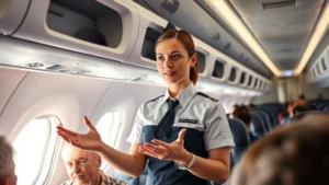 Flight attendant in uniform conducting safety demonstration in modern aircraft cabin with passengers seated, professional and focused expression, natural cabin lighting