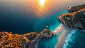 Aerial view of Cretan coastline with turquoise Mediterranean waters and white-sand beaches meeting dramatic rocky cliffs during golden hour sunset