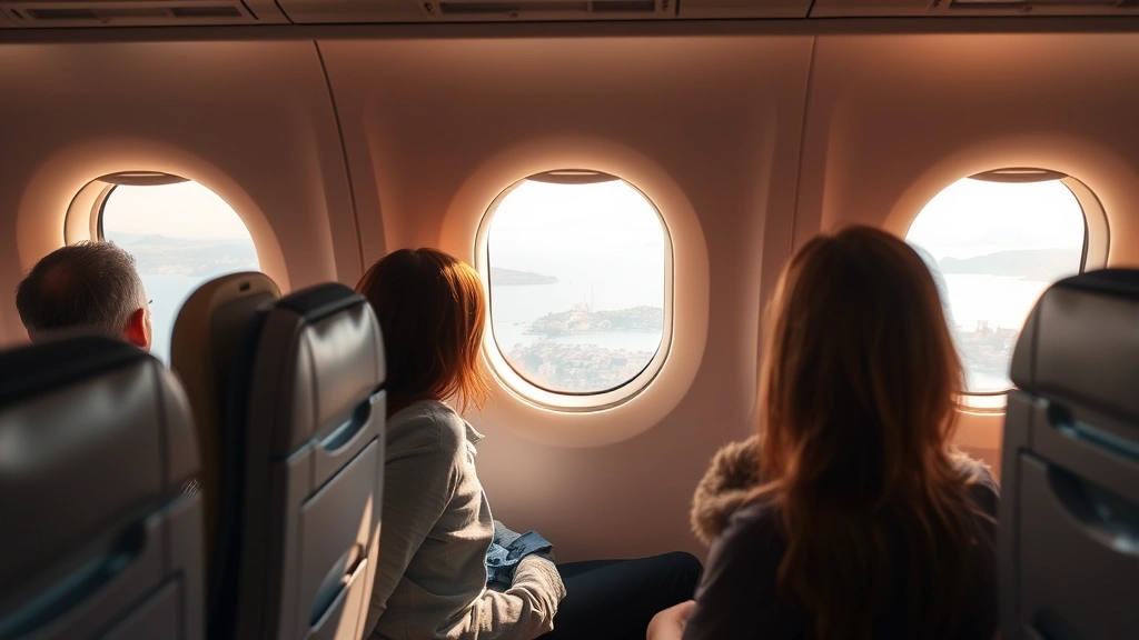 Modern aircraft cabin interior during flight with passengers seated, window views of Greek islands below, warm natural lighting from cabin windows