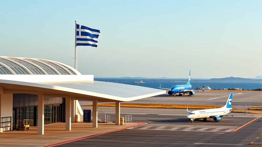 Heraklion airport terminal exterior with modern architecture, aircraft on tarmac in background, Greek flag flying, Mediterranean landscape visible