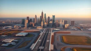 Aerial view of Atlanta skyline with Hartsfield-Jackson airport runway in foreground, morning light, modern city landscape