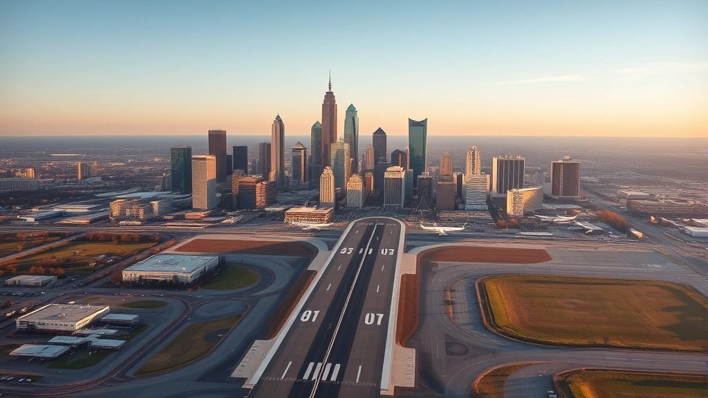 Aerial view of Atlanta skyline with Hartsfield-Jackson airport runway in foreground, morning light, modern city landscape