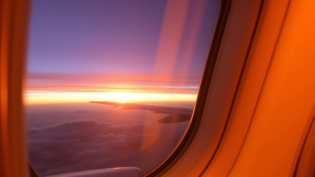 Airplane window view of clouds and sunset during flight, commercial aircraft interior, traveler perspective looking outward