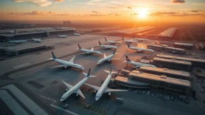 Aerial view of Atlanta Hartsfield-Jackson International Airport with multiple commercial aircraft parked at gates, sunrise lighting, realistic photography