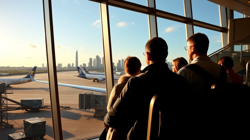 Passengers boarding a commercial aircraft in New Orleans with the city skyline visible through terminal windows, warm Louisiana sunlight, travel photography