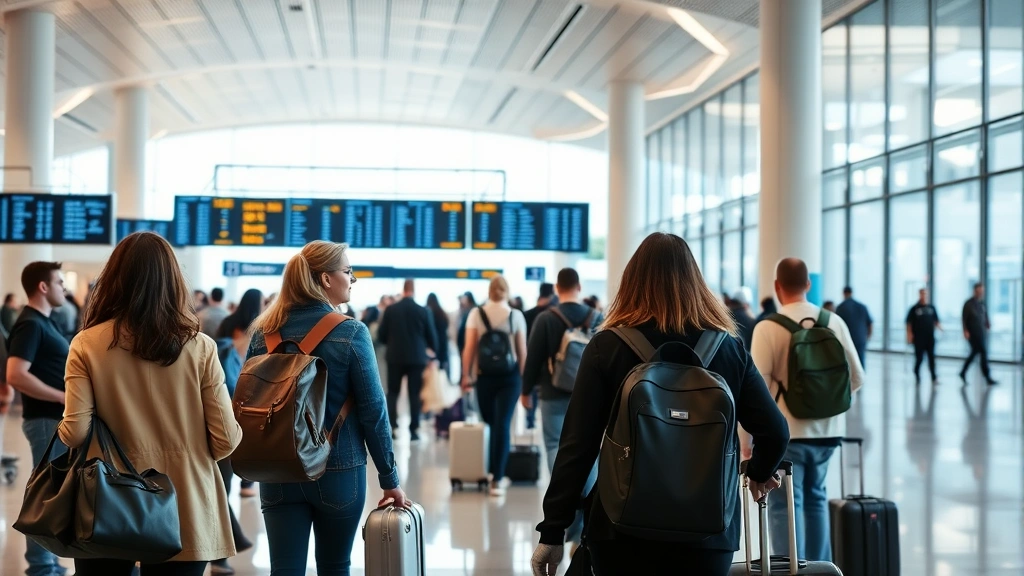 Interior of modern airport terminal with travelers checking flight information boards, diverse passengers with luggage, professional travel scene photography