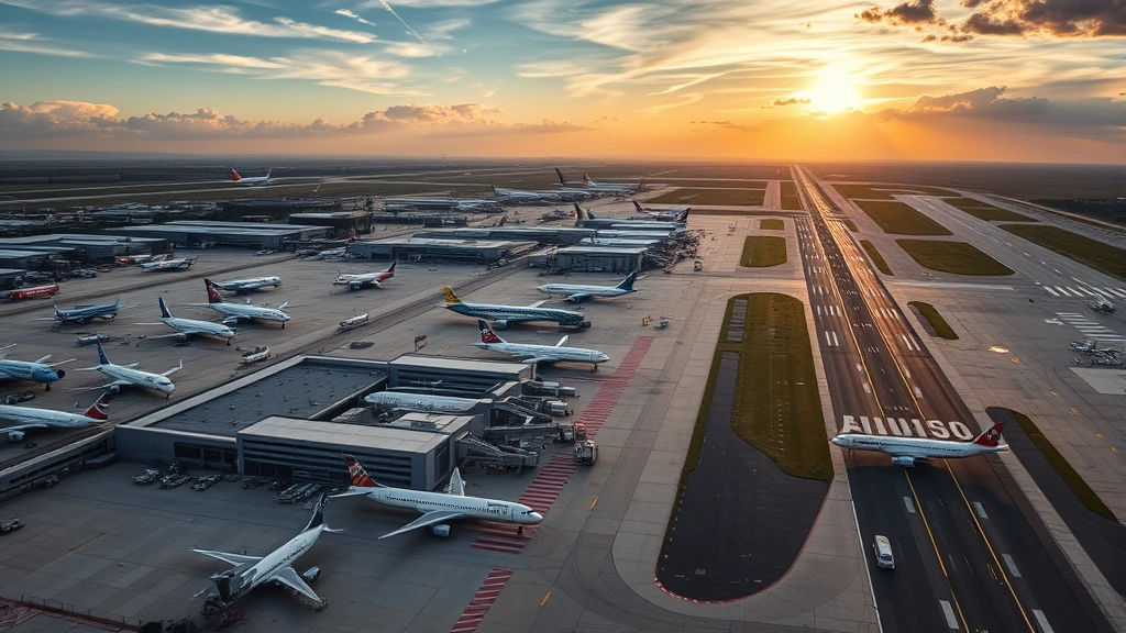 Aerial view of Hartsfield-Jackson Atlanta International Airport with multiple aircraft parked at gates, sunrise lighting, busy runway with planes taking off