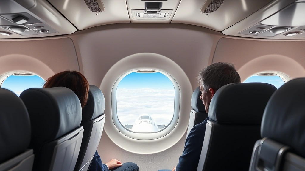 Inside modern aircraft cabin during daytime flight with passengers seated, window showing clouds below, sunny sky, comfortable seating arrangement, in-flight service visible