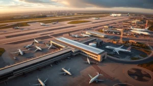 Aerial view of Atlanta Hartsfield-Jackson International Airport with multiple aircraft parked at gates, modern terminal buildings, and runway infrastructure visible from above during golden hour