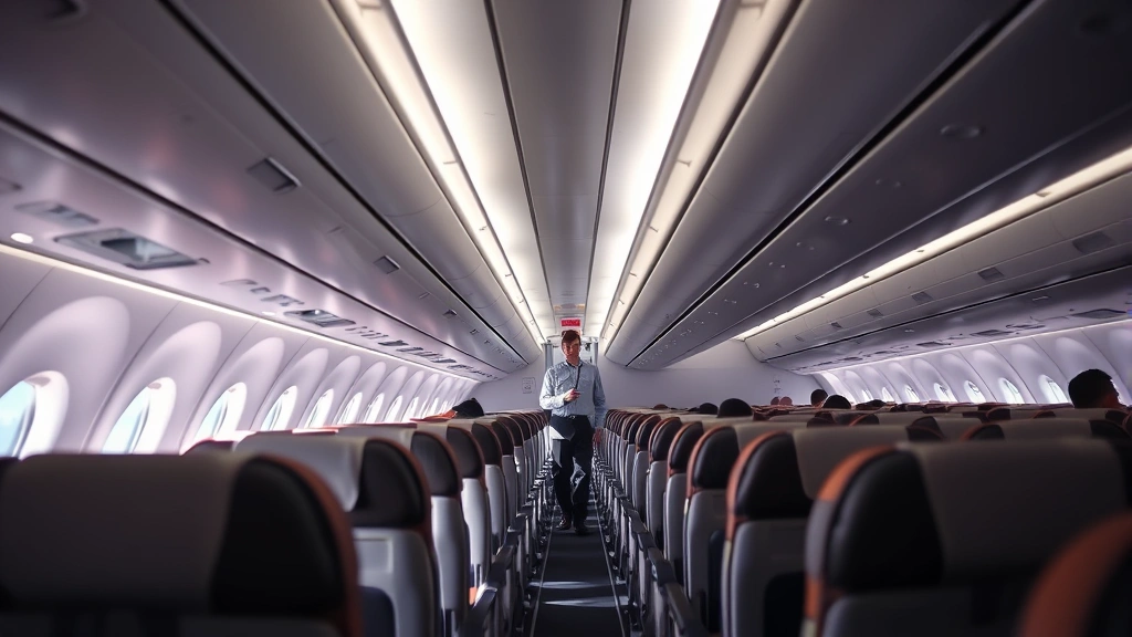 Interior cabin view of modern commercial aircraft in flight, showing rows of comfortable passenger seats, overhead bins, and cabin crew walking through aisle during cruising altitude
