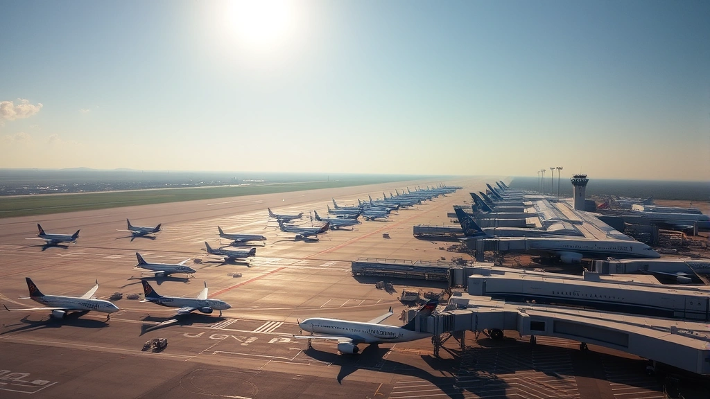 Aerial view of Atlanta Hartsfield-Jackson International Airport with multiple aircraft parked at gates, busy tarmac operations, morning sunlight