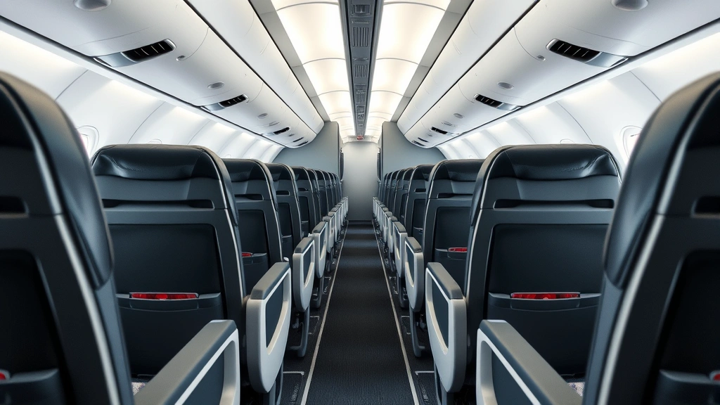 Modern aircraft cabin interior showing economy seating on a wide-body jet, clean aisle, overhead bins, passenger comfort setup for long-haul flight