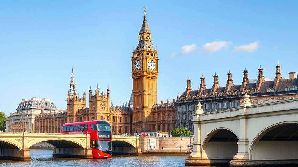 London skyline featuring Big Ben, Thames River, Westminster Bridge, and red double-decker bus, daytime cityscape with clear sky