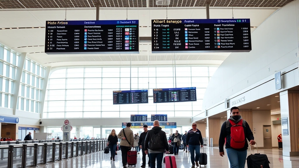 Hartsfield-Jackson Atlanta International Airport terminal interior with departure boards displaying flight information and travelers with luggage walking through modern airport corridor
