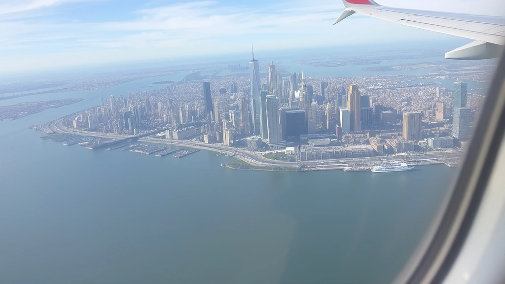 Aerial view of New York City skyline with Manhattan skyscrapers and Hudson River, taken from commercial airplane window during daytime flight