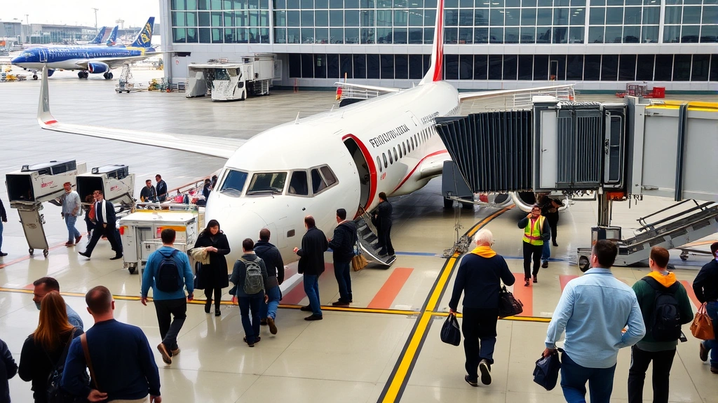 Busy airport gate area with passengers boarding regional jet aircraft, showing ground crew, jet bridge, and modern aircraft at terminal gate