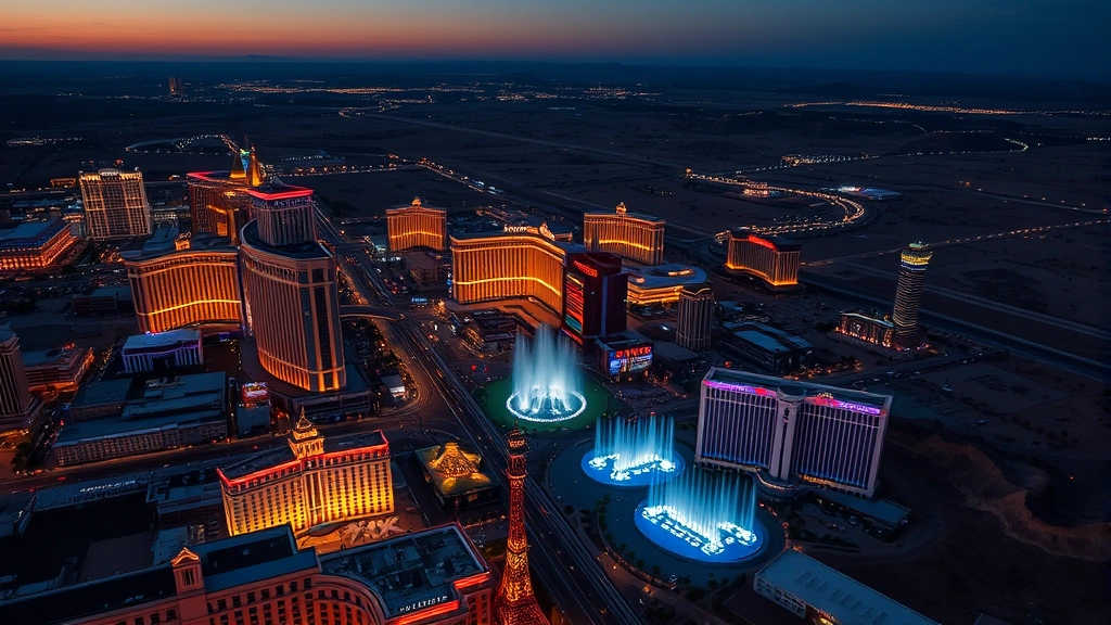Aerial view of Las Vegas Strip with bright casino lights and desert landscape at sunset, showing the iconic fountain shows and neon-lit hotels from above