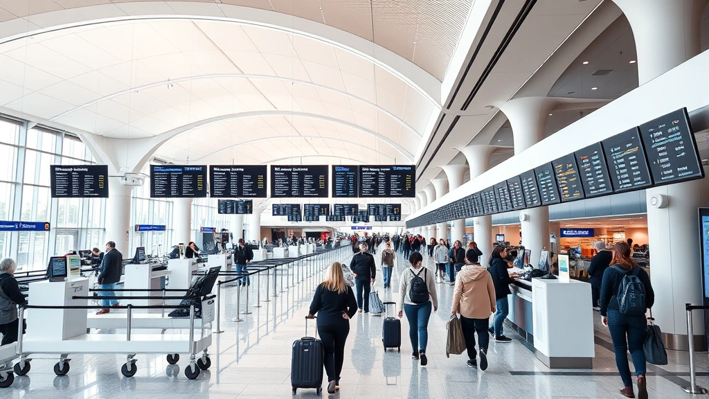 Modern airport terminal interior with passengers checking in at ticket counters and walking through departure halls, showing multiple airline check-in desks and digital flight information displays