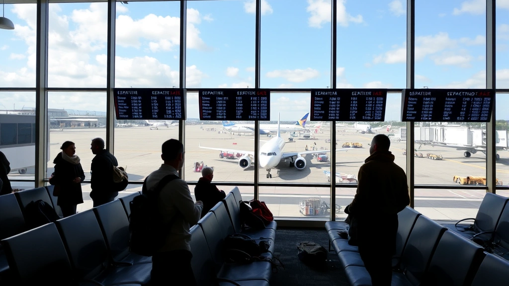 Travelers at airport gate lounge area with large windows overlooking tarmac and parked aircraft, modern seating areas, and flight departure boards displaying gate information