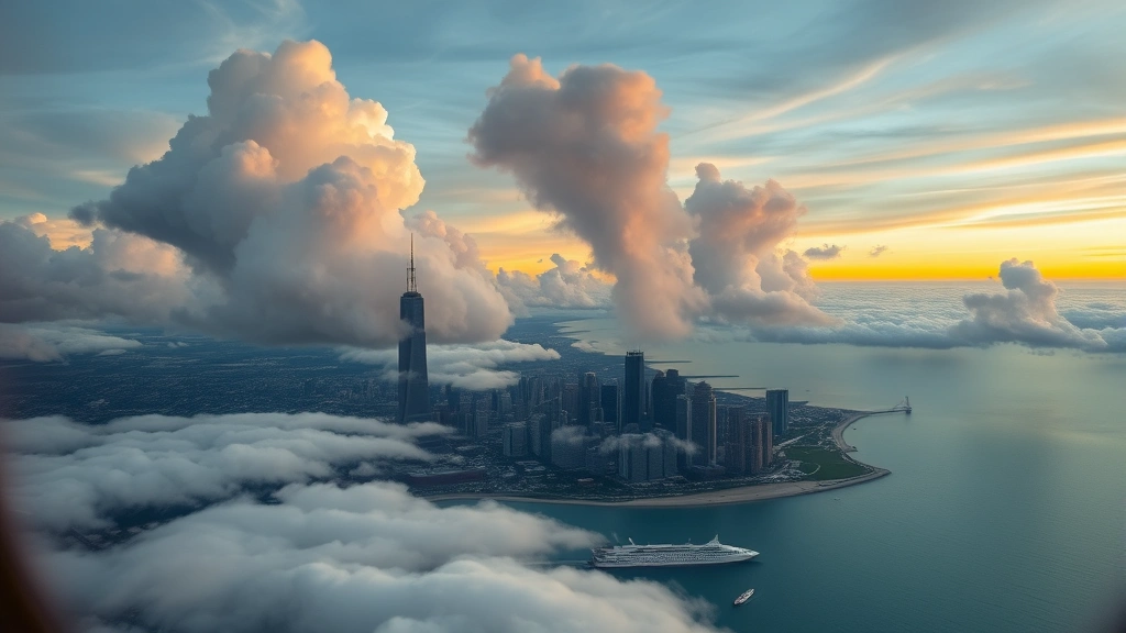 Aerial view of Chicago skyline with Lake Michigan at sunset, dramatic clouds, professional photography, no people visible, cityscape perspective from airplane window angle