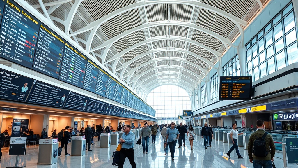 Modern airport terminal interior showing departure boards, check-in counters, and travelers moving through spacious corridor, bright natural lighting, contemporary architecture, bustling travel environment