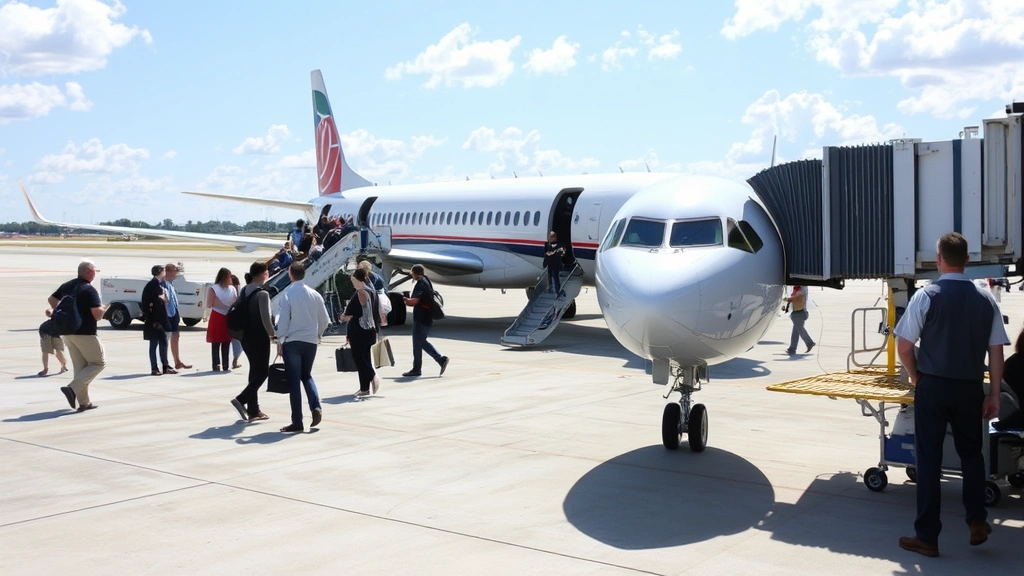 Passengers boarding commercial aircraft on tarmac at Austin airport, ground crew preparing plane, sunny Texas weather, realistic aviation operations scene, no identifying airline text visible