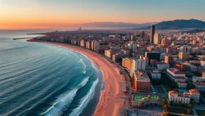 Aerial view of Barcelona's Mediterranean coastline with modern city skyline and beach, golden hour sunset lighting, professional travel photography