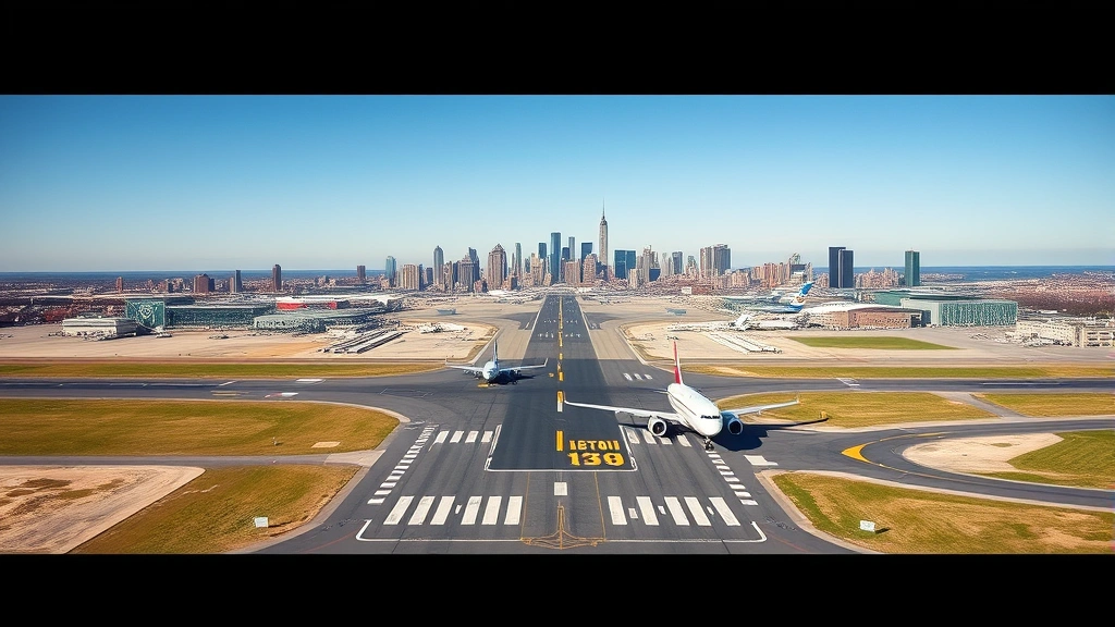 Aerial view of Boston Logan International Airport with commercial aircraft taxiing on runway, city skyline visible in background, clear sunny day, professional aviation photography