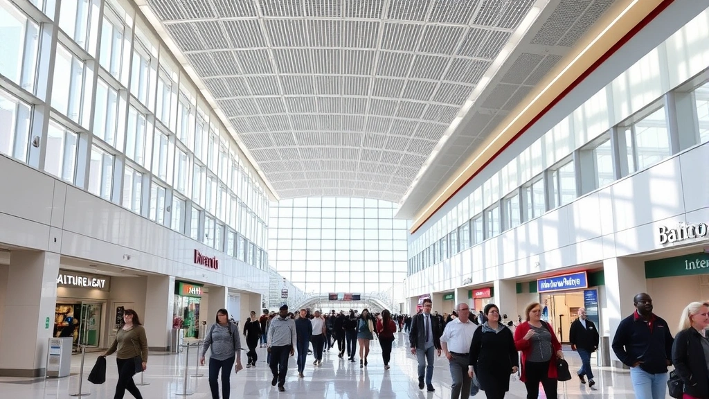 Modern interior of Baltimore BWI Airport terminal showing passengers walking through contemporary hallway with natural lighting, retail shops and gates visible, busy but organized atmosphere