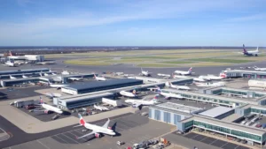 Aerial view of Boston Logan International Airport with multiple aircraft parked at gates, modern terminal buildings, and runway visible in background during clear daytime