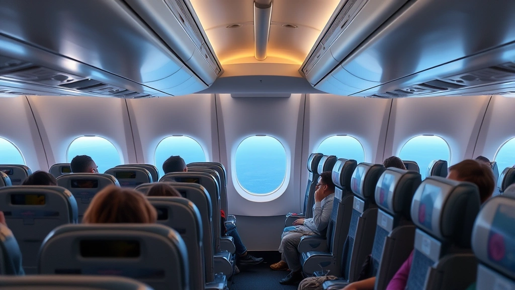 Modern aircraft cabin interior showing rows of seats during flight with window view of Atlantic Ocean below, passengers relaxed in comfortable seating