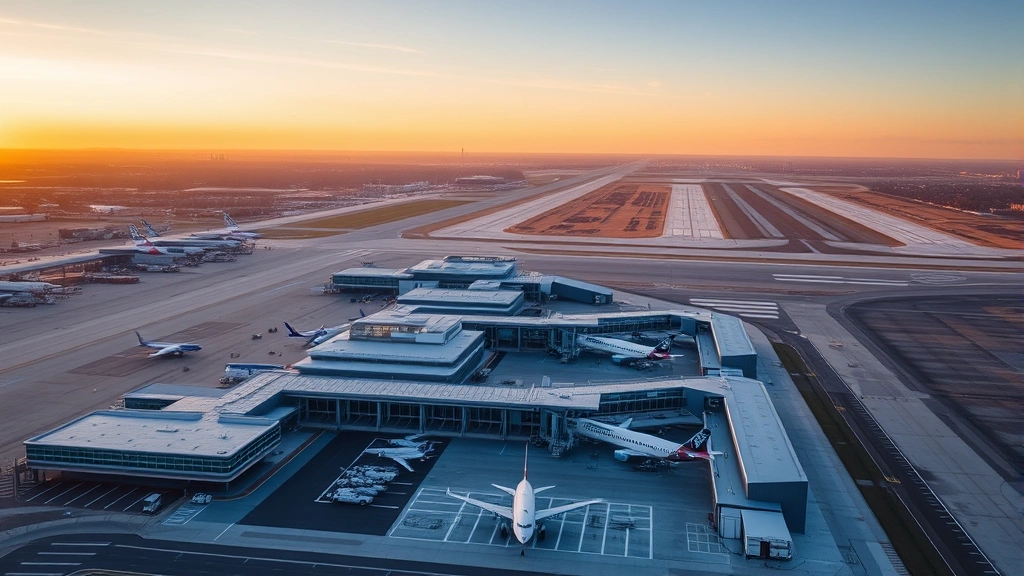 Aerial view of Boston Logan International Airport terminal buildings and runways at sunrise with aircraft parked at gates, cityscape visible in background