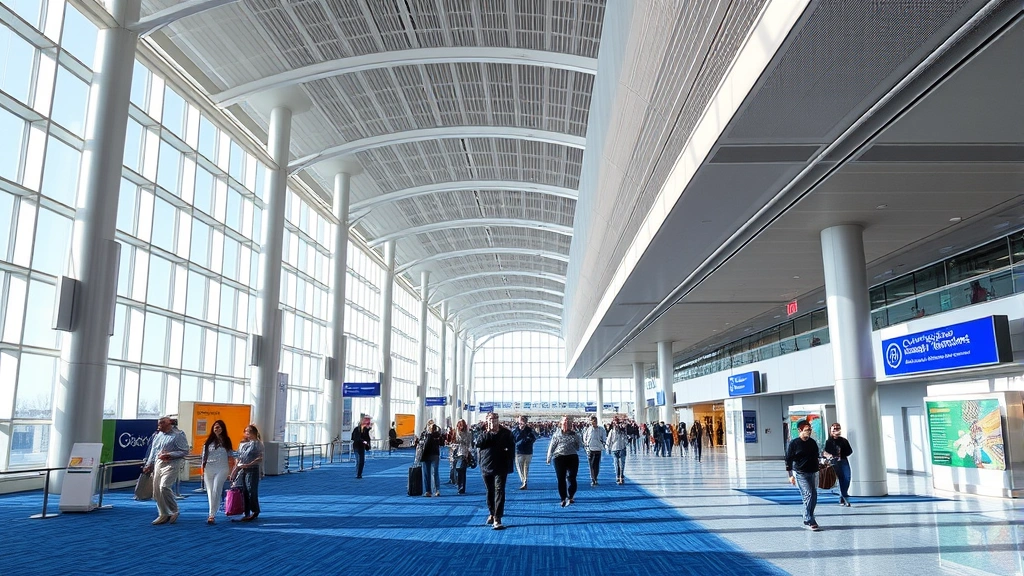 Modern Charlotte Douglas International Airport interior showing spacious terminal concourse with travelers walking, blue carpet, contemporary architecture and natural lighting