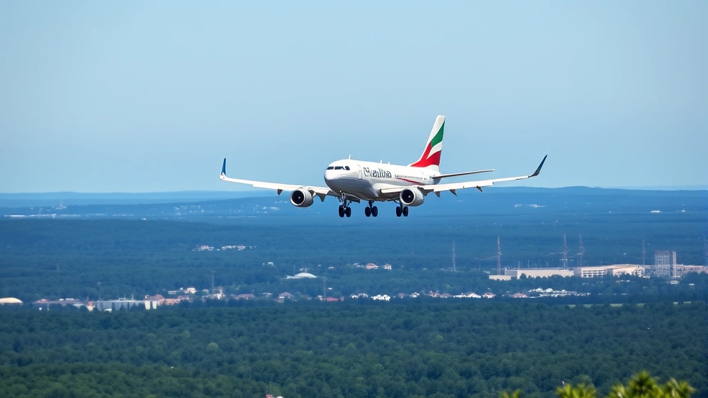 Commercial aircraft on final approach to landing at Charlotte Douglas Airport over North Carolina landscape with trees and suburban areas below, clear sunny day
