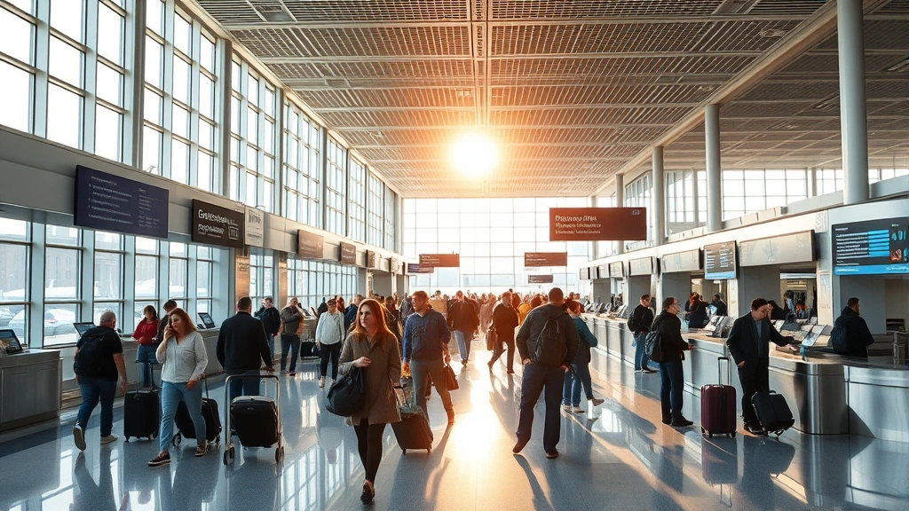 Busy Boston Logan International Airport departure hall with travelers and check-in counters, morning sunlight streaming through windows, professional photography style