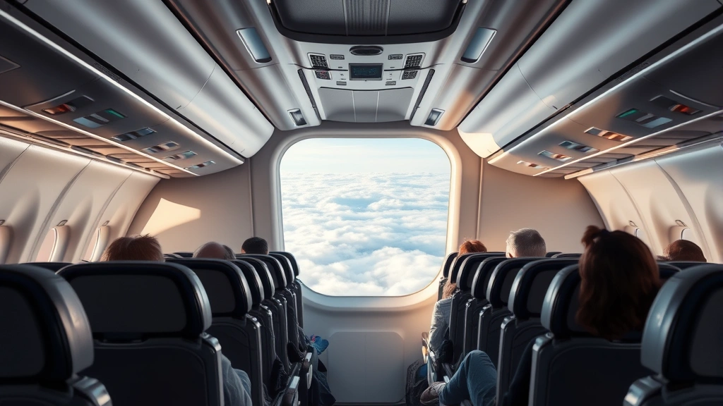 Modern aircraft cabin interior showing economy class seating with passengers, window view of clouds below, realistic commercial airline environment