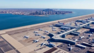 Aerial view of Boston Logan International Airport with planes at gates, cityscape and harbor visible in background, daytime photography, clear blue sky