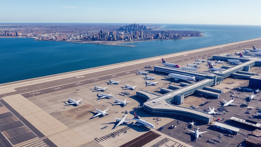 Aerial view of Boston Logan International Airport with planes at gates, cityscape and harbor visible in background, daytime photography, clear blue sky