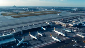 Aerial view of Boston Logan International Airport with multiple commercial aircraft parked at gates, modern terminal buildings, and runway visible in background during daytime