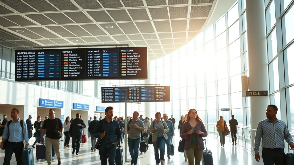 Passengers walking through bright, modern airport terminal corridor with digital flight information displays showing departure times and destinations, natural sunlight streaming through large windows