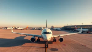 Wide-angle view of modern commercial aircraft on tarmac at Boston Logan Airport, morning light, clear skies, professional aviation photography