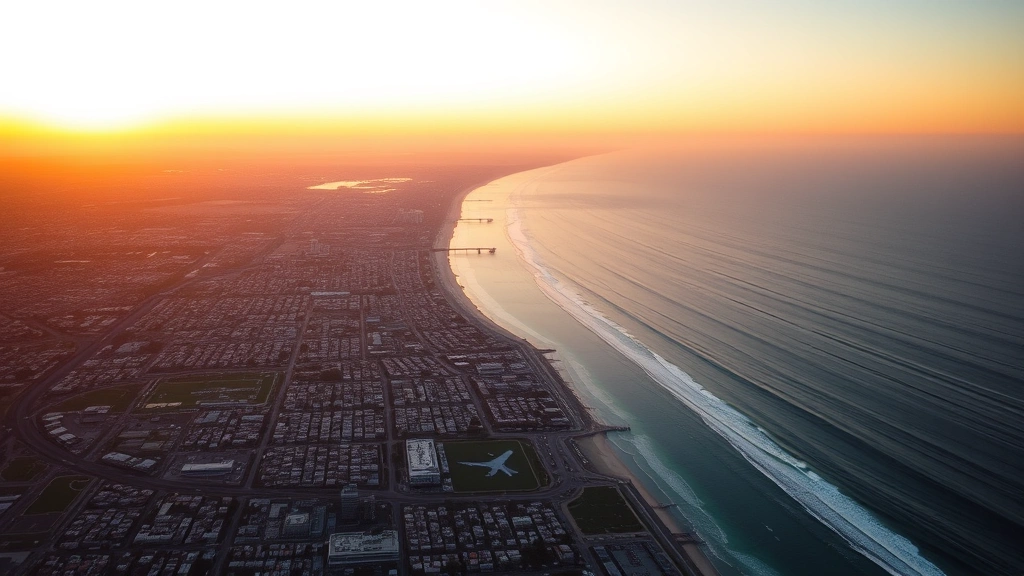 Aerial view of Los Angeles coastline and cityscape during golden hour sunset, showing LAX airport vicinity with Pacific Ocean, travel destination aesthetic