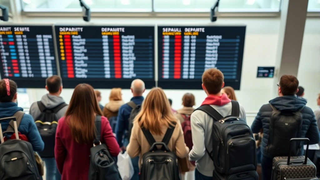 Overhead shot of travelers at airport gate with carry-on luggage, departure board visible in soft focus background, diverse passengers waiting to board flight