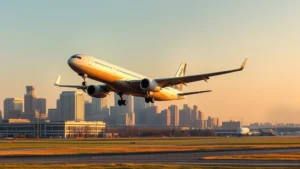 Modern commercial airplane taking off from Boston Logan International Airport runway with city skyline in background, early morning golden hour lighting