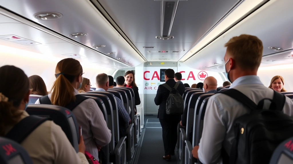 Passengers boarding Air Canada aircraft at Boston gate, interior cabin view with flight attendants greeting travelers, professional travel atmosphere