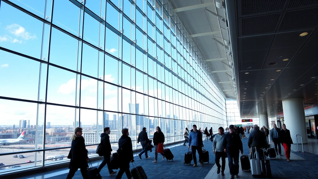 Montreal Pierre Trudeau Airport terminal interior with modern architecture, travelers with luggage, city view through large windows, vibrant Canadian setting