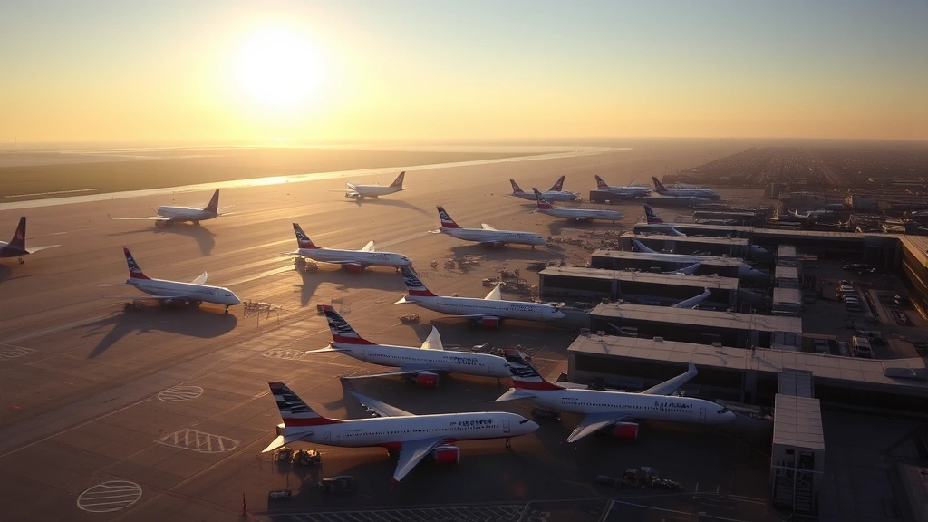 Aerial view of Boston Logan International Airport with multiple commercial aircraft parked at gates, sunrise lighting, clear sky, bustling terminal activity visible