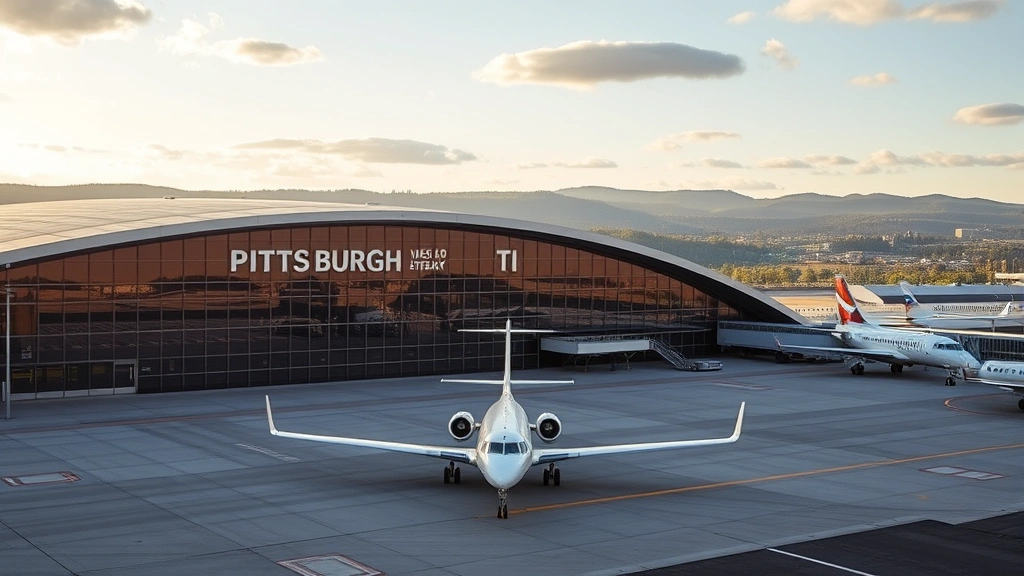 Pittsburgh International Airport exterior with modern curved architecture, regional jet aircraft on tarmac, West Pennsylvania landscape in background, afternoon sunlight