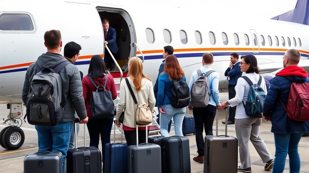 Passengers boarding a regional jet at airport gate, diverse travelers with luggage, aircraft door open, boarding bridge connected, professional airline crew visible